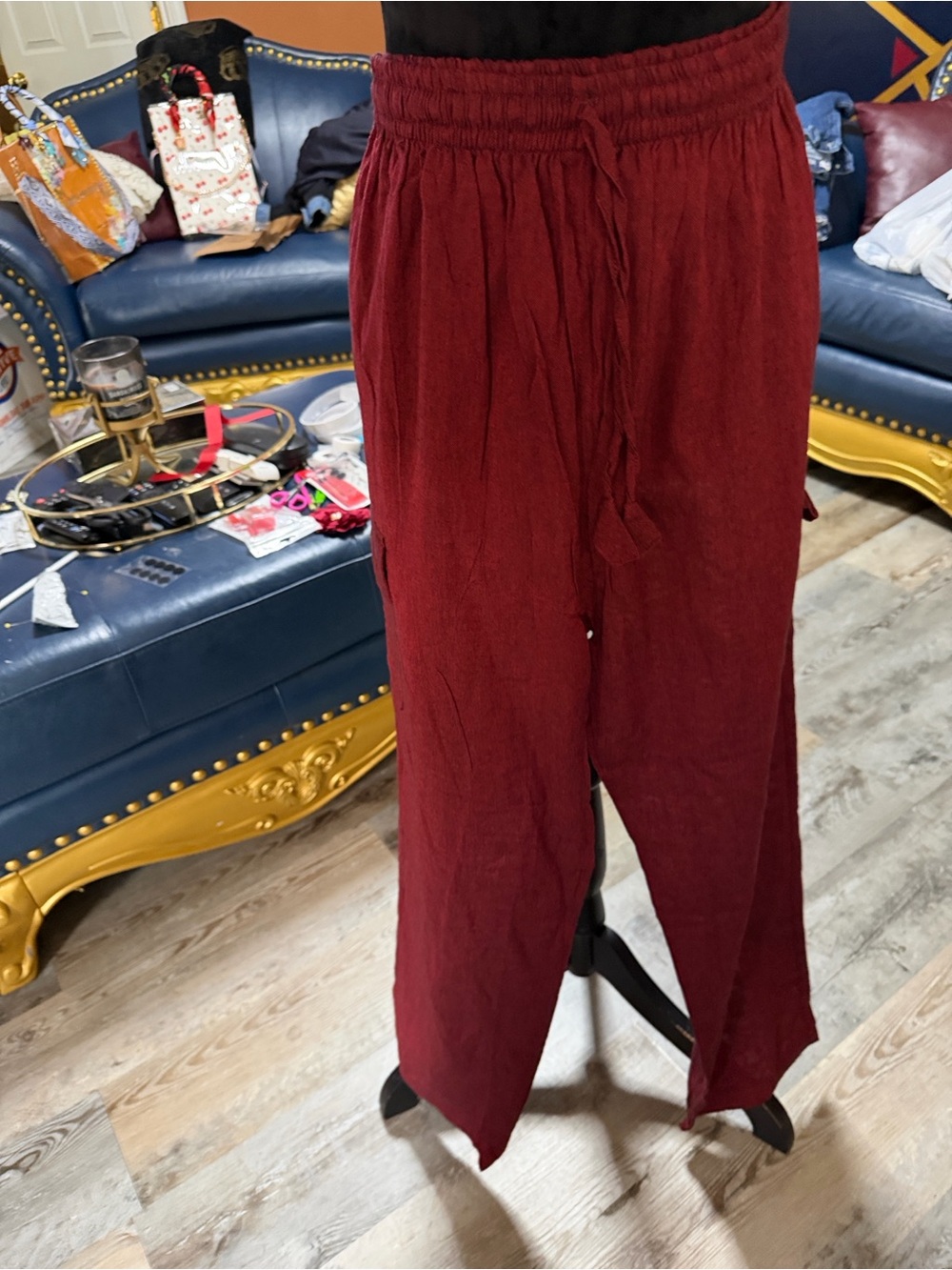 Burgundy linen blend Casual Wide Leg Cargo Pant